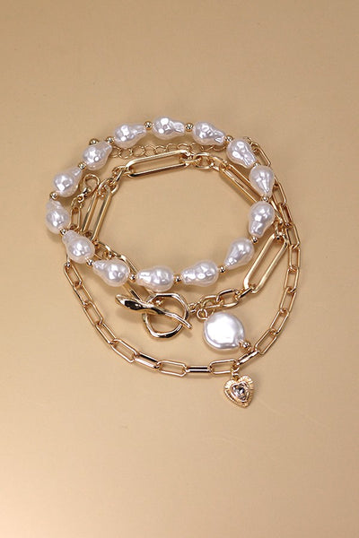 3 ROW PEARL  LINK TOGGLE PAPER CLIP BRACELET | 10B3032414