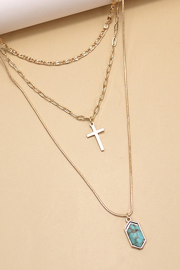 CROSS STONE  MULTI  LAYER CHAIN NECKLACE | 10N3032403