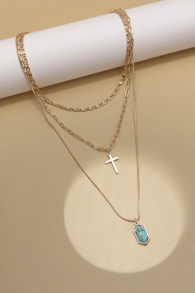 CROSS STONE  MULTI  LAYER CHAIN NECKLACE | 10N3032403