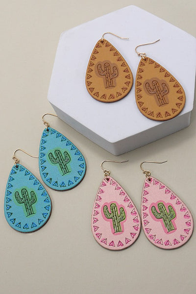 BOHO GENUINE LEATHER CACTUS DROP EARRINGS | 52E2110905