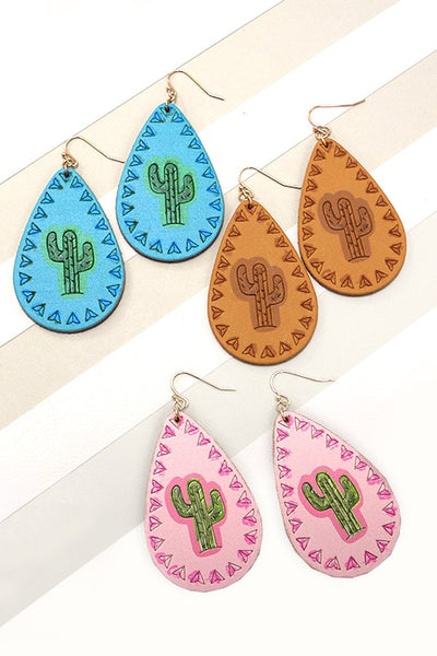 BOHO GENUINE LEATHER CACTUS DROP EARRINGS | 52E2110905