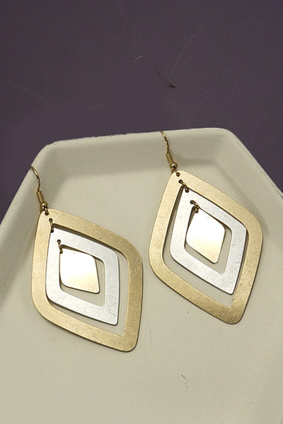 GEO TWO TONE LAYER DIAMOND SHAPE DROP EARRINGS | 80E760