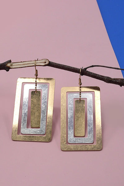 GEO TWO TONE LAYER RECTANGLE SHAPE DROP EARRINGS | 80E761