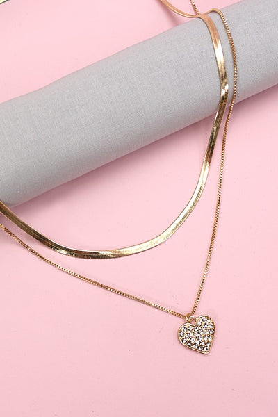 DOUBLE LAYER RHINESTONE HEART HERRINGBONE NECKLACE | 10N3042805