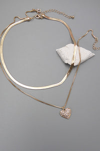 DOUBLE LAYER RHINESTONE HEART HERRINGBONE NECKLACE | 10N3042805