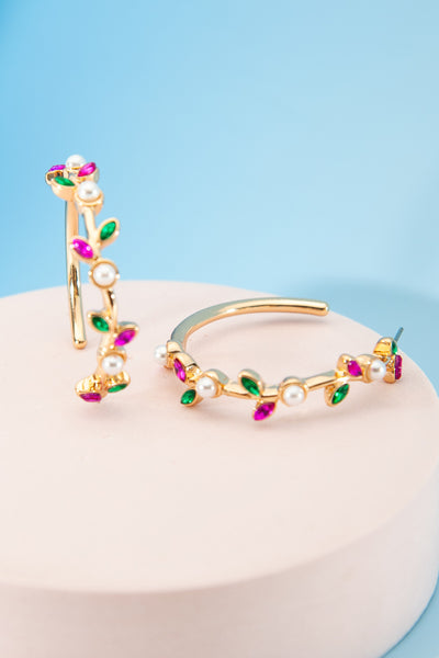 FLOWER RHINESTONE PEARL HOOP EARRINGS | 31E03102