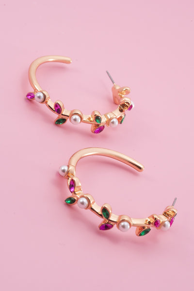 FLOWER RHINESTONE PEARL HOOP EARRINGS | 31E03102