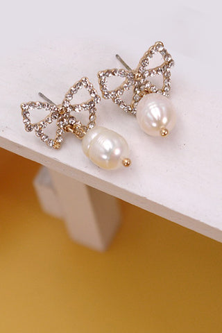 RHINESTONE BOW PEARL DROP EARRINGS | 10E3063029