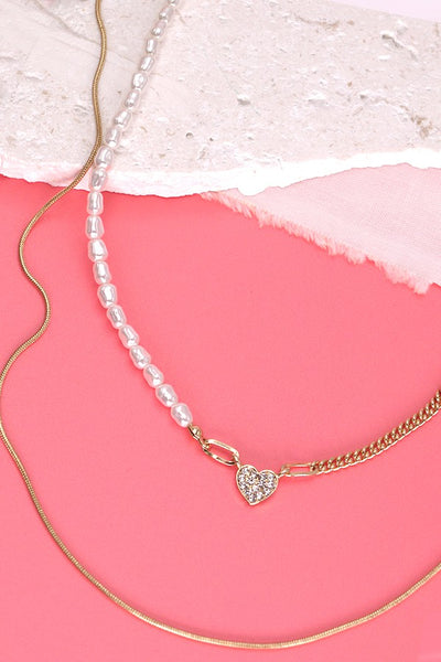 DOUBLE MINI HEART PEARL CHAIN NECKLACE | 10N3063021