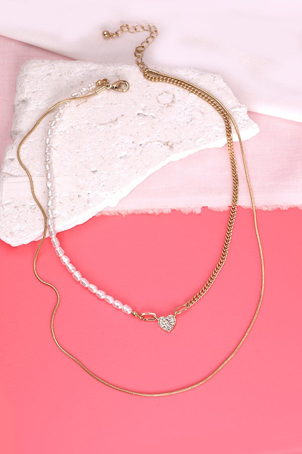 DOUBLE MINI HEART PEARL CHAIN NECKLACE | 10N3063021