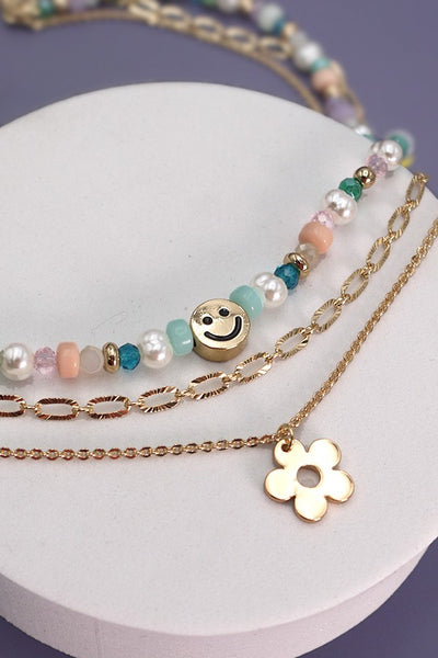 SMILEY CHARM BEADED TRIPLE LAYER NECKLCE | 80N221