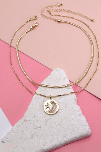 MOON AND STAR SNAKE CHAIN DOUBLE ROW NECKLACE | 10N3072937