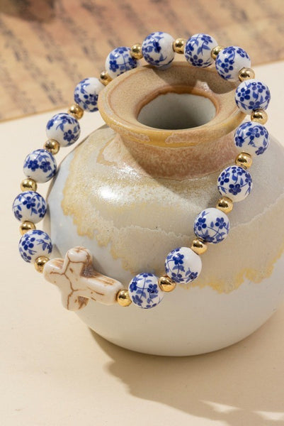 BLUE CERAMIC PORCELAIN CROSS CHARM BRACELET | 40B5175