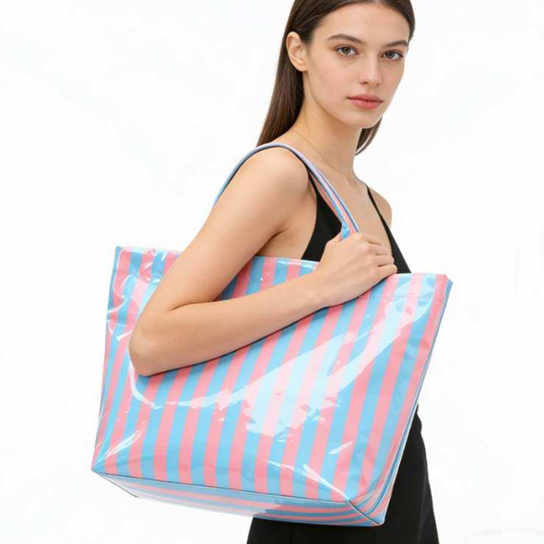 Large Striped Vinyl Tote Bags | 40P595