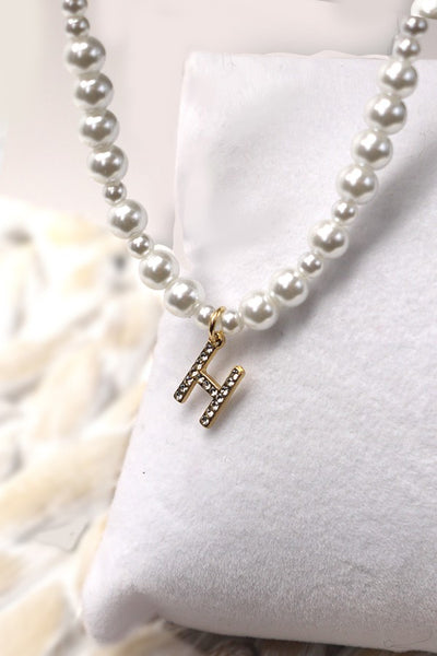 GLASS PEARL RHINESTONE INITIAL PENDANT NECKLACE | 10N31974