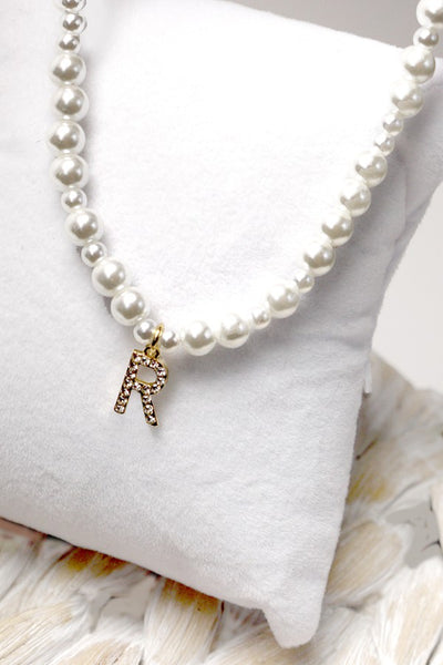 GLASS PEARL RHINESTONE INITIAL PENDANT NECKLACE | 10N31974