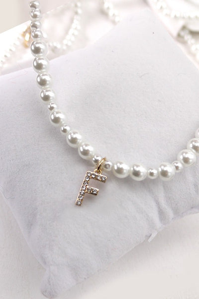 GLASS PEARL RHINESTONE INITIAL PENDANT NECKLACE | 10N31974