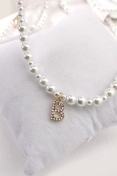 GLASS PEARL RHINESTONE INITIAL PENDANT NECKLACE | 10N31974