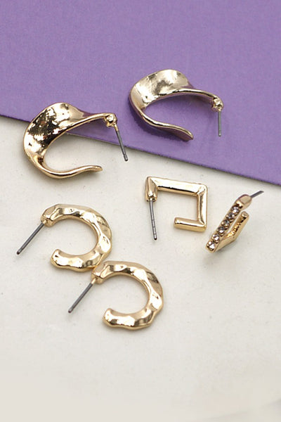 RHINESTONE GEO EAR HUGGIE TRIO SET EARRINGS | 80E1613