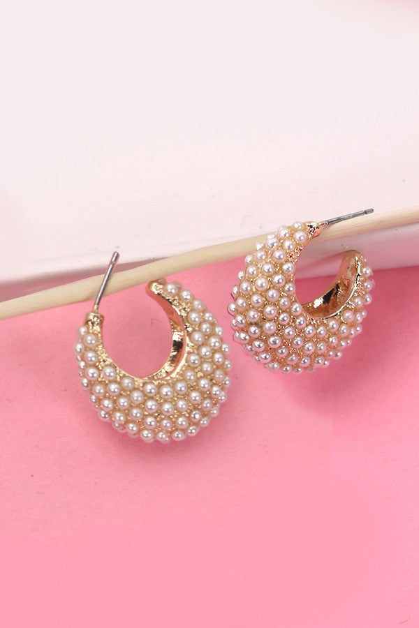 PEARL PAVE GOLD HALF MOON HUGGIE HOOP EARRINGS | 80E1513