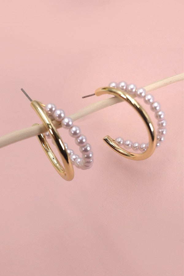 PEARL GOLD METAL DOUBLE HOOP EARRINGS | 80E1572