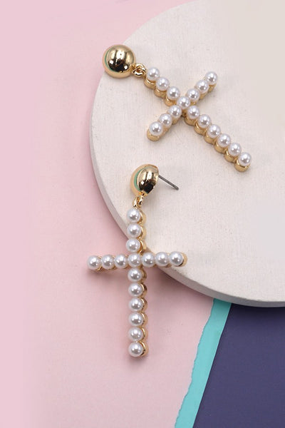 PEARL CROSS DANGLE EARRINGS | 80E1764