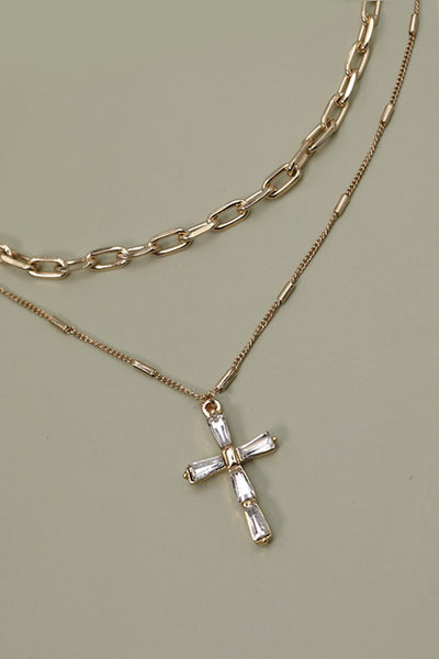 LAYERD GOLD CHAIN WITH RHINESTONE  STYLE CROSS | 80N317