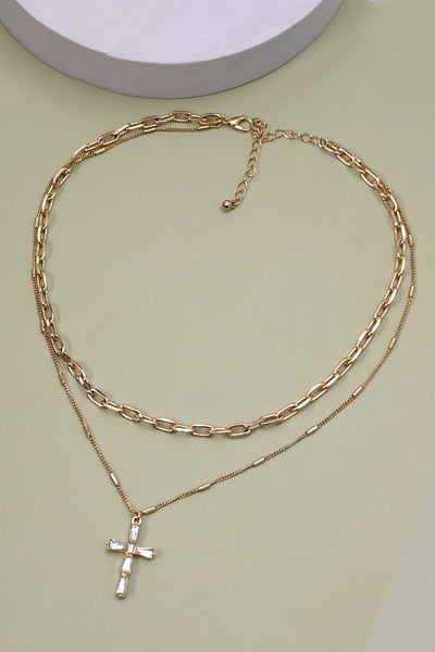 LAYERD GOLD CHAIN WITH RHINESTONE  STYLE CROSS | 80N317