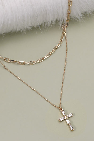 LAYERD GOLD CHAIN WITH RHINESTONE  STYLE CROSS | 80N317