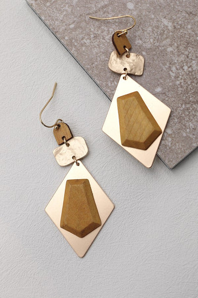 GEO SHAPE MATTE GOLD WOOD DANGLE EARRINGS | 80E1898