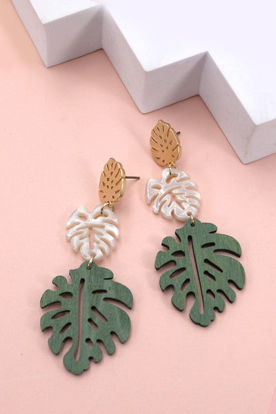 WOOD ACRYLIC MIX COLOR LEAF DANGLE EARRINGS | 80E1899