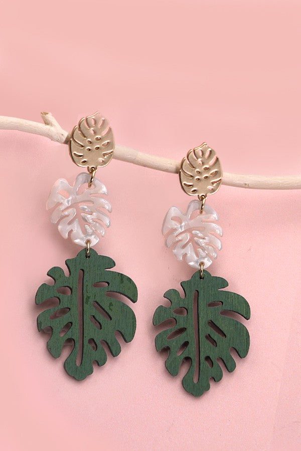 WOOD ACRYLIC MIX COLOR LEAF DANGLE EARRINGS | 80E1899