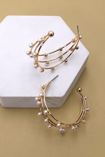 TRIPLE ROW WIRE PEARL HOOP EARRINGS |  31E03785