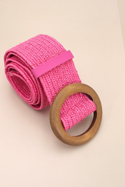 WOODEN BUCKLE WOVEN RATTAN STRETCH WAIST BELT | 40BT627