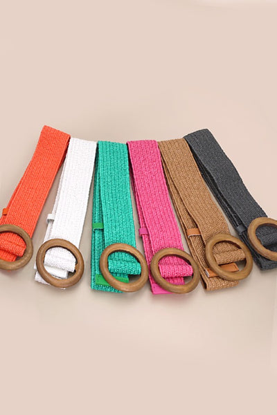 WOODEN BUCKLE WOVEN RATTAN STRETCH WAIST BELT | 40BT627