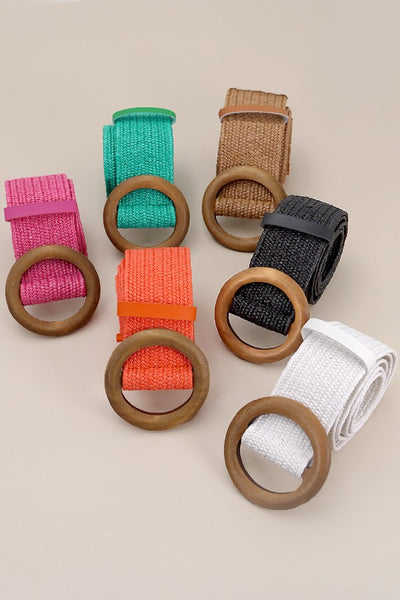 WOODEN BUCKLE WOVEN RATTAN STRETCH WAIST BELT | 40BT627