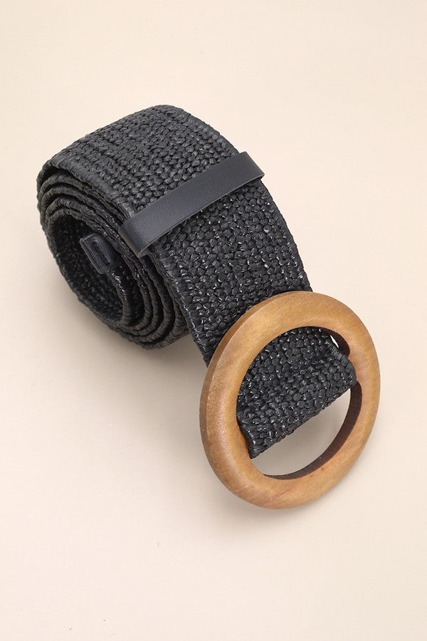 WOODEN BUCKLE WOVEN RATTAN STRETCH WAIST BELT | 40BT627