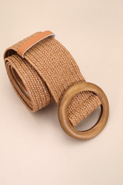 WOODEN BUCKLE WOVEN RATTAN STRETCH WAIST BELT | 40BT627