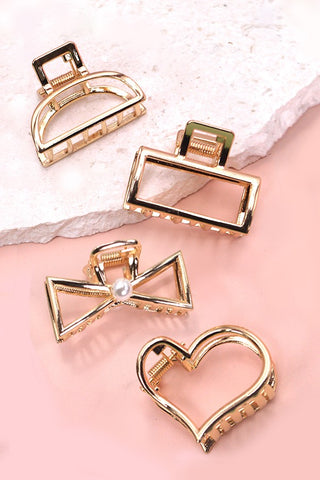 MINI GOLD RECTANGLE BOW HEART HAIR CLAW CLIPS | 40H713