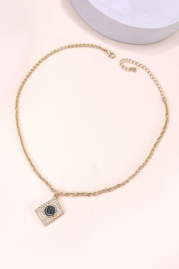 RECTANGLE RHINESTONE SMILEY PENDNAT NECKLACE | 31N23296