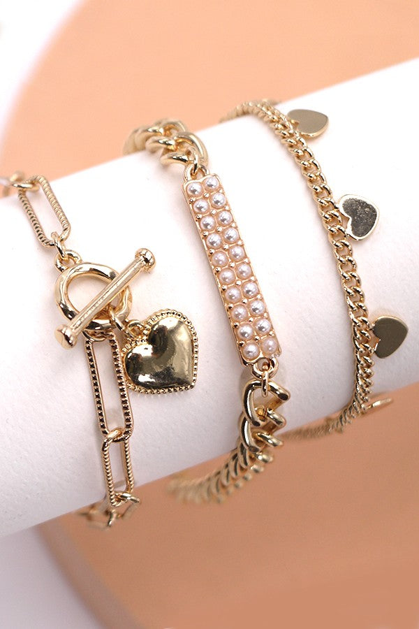 PEARL STUD BAR HEART LINK MULTI CHAIN BRACET SET | 80B135