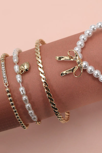 BOW PEARL RHINESTONE BAR STRETCH BANGLE SET | 80B137