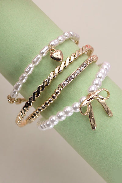 BOW PEARL RHINESTONE BAR STRETCH BANGLE SET | 80B137