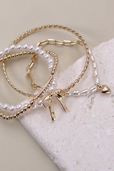 BOW PEARL RHINESTONE BAR STRETCH BANGLE SET | 80B137