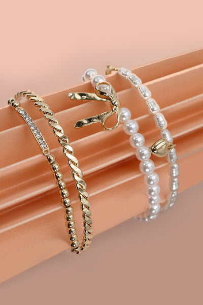 BOW PEARL RHINESTONE BAR STRETCH BANGLE SET | 80B137