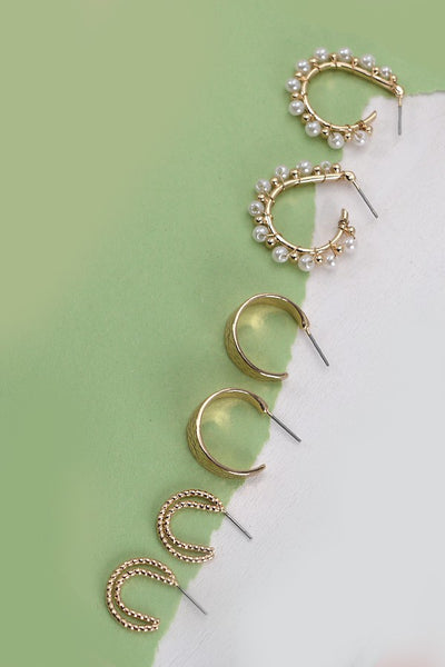 TRIO PEARL HAMMERED MINI HUGGIE HOOP EARRINGS | 80E2325