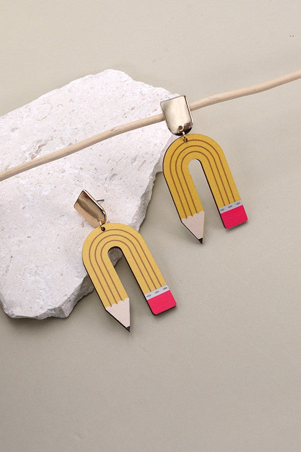 U SHAPE PENCIL WOOD DROP EARRING | 31E24039