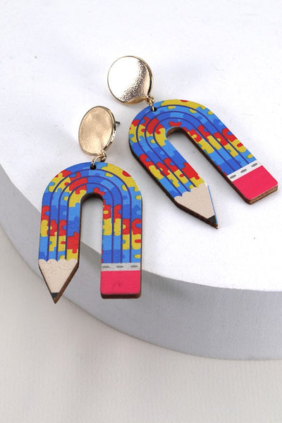 U SHAPE PENCIL WOOD DROP EARRING | 31E24039