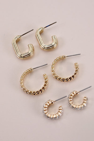 TRIO HUGGIE U RHINESTONE DESIGN HOOP EARRINGS | 80E2524