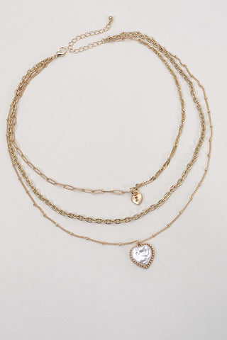 TRIPLE LAYER HEART LOCK PEARL HEART NECKLACE | 80N354